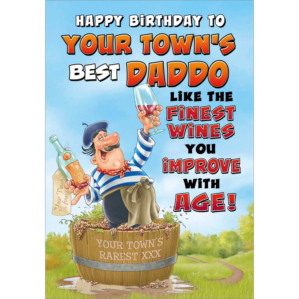 front of card showing a selection of different personalisations of this cartoon birthday card for a daddo