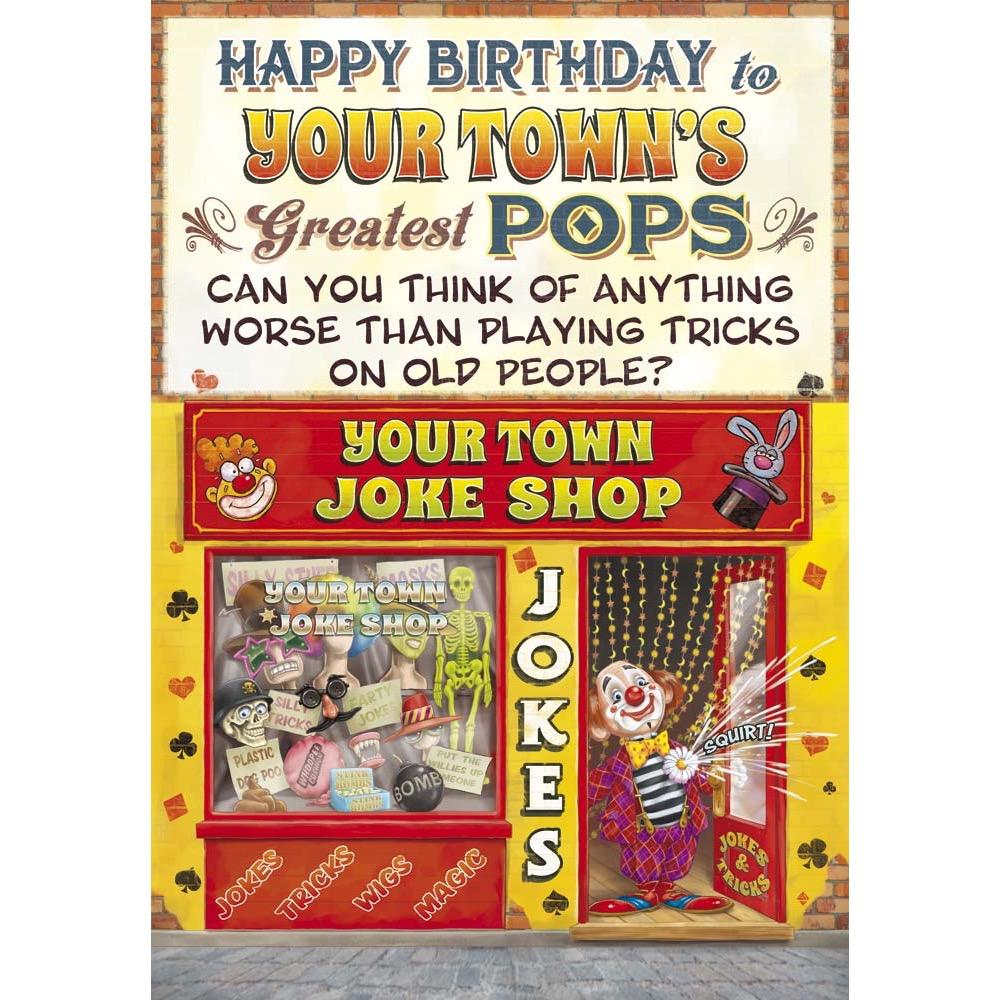 funny birthday card for a pops with a colourful cartoon illustration