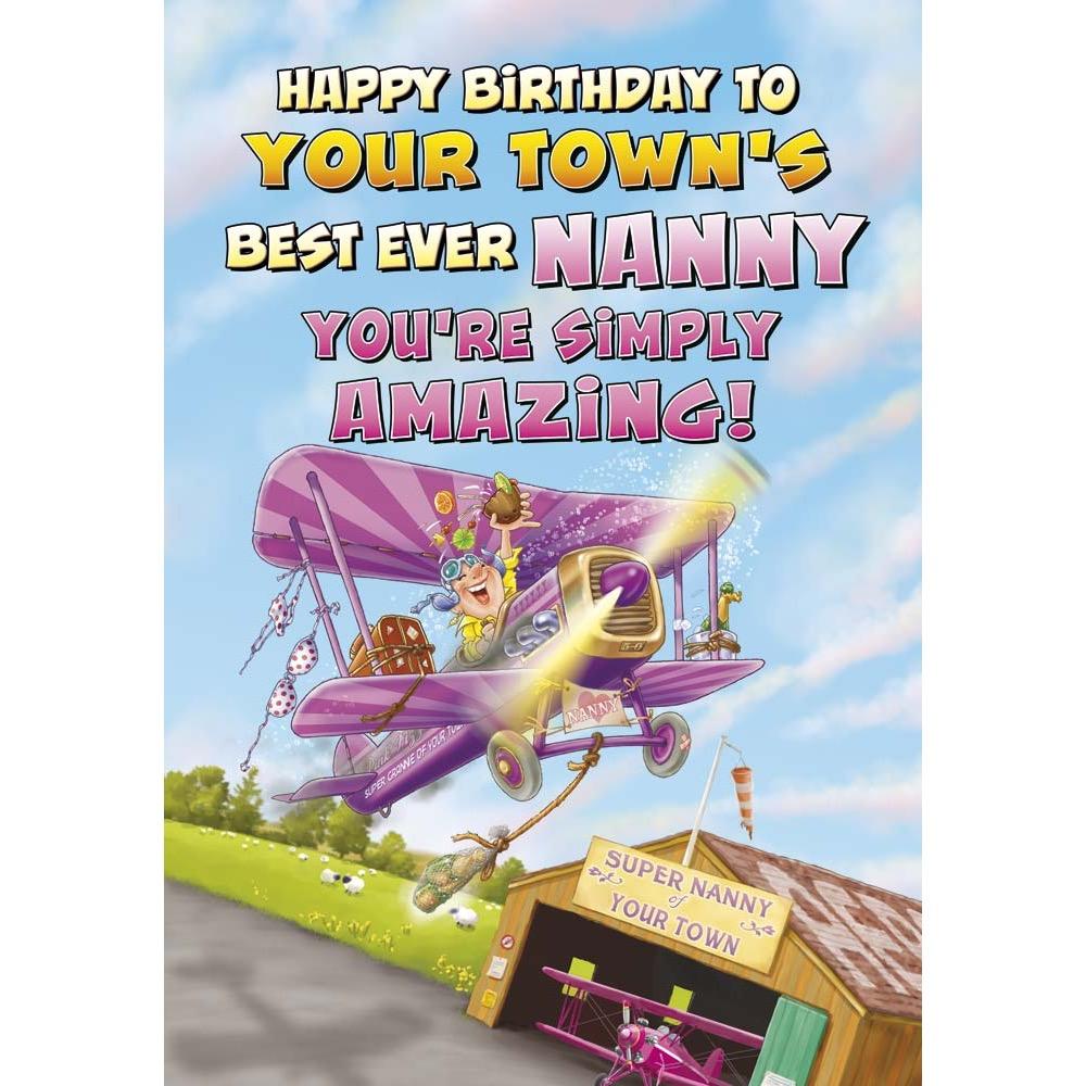 funny birthday card for a nanny with a colourful cartoon illustration