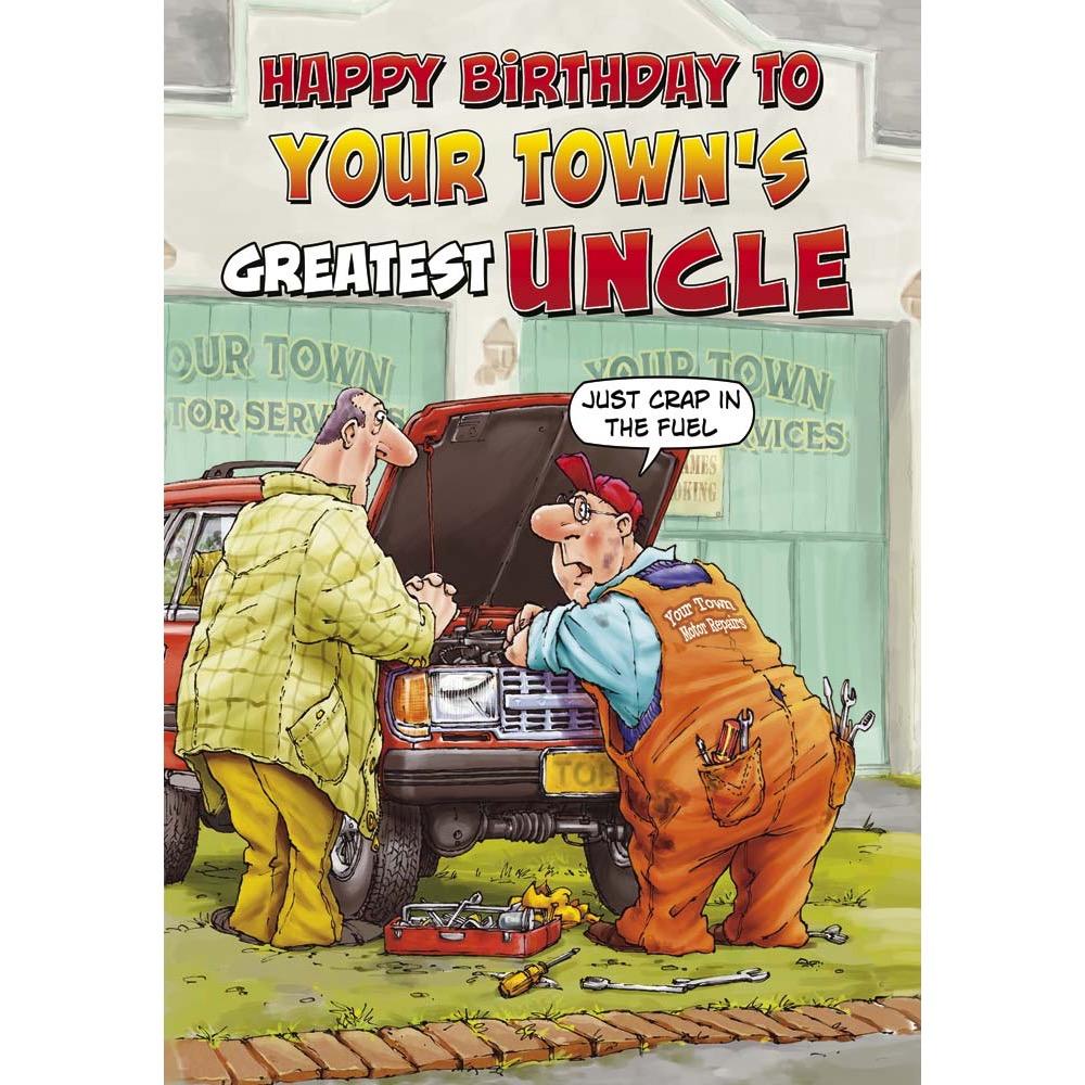 funny birthday card for a uncle with a colourful cartoon illustration