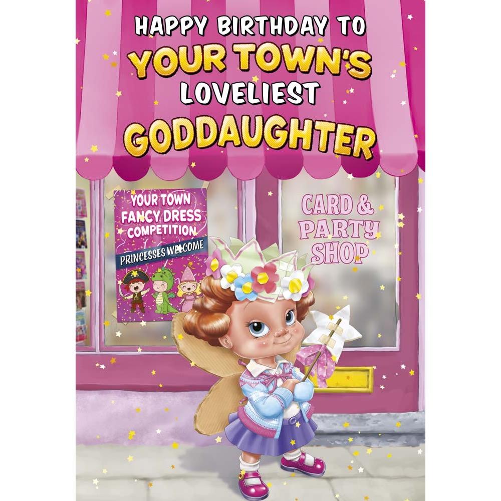 kids birthday card for a goddaughter with a colourful great illustration