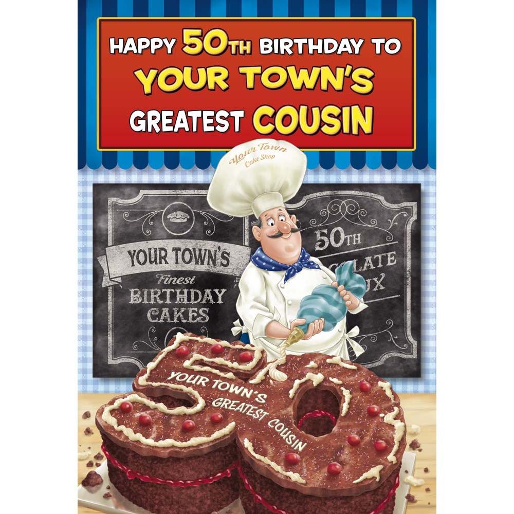 funny age 50 card for a cousin male with a colourful cartoon illustration