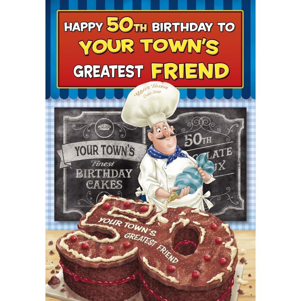 funny age 50 card for a greatest friend with a colourful cartoon illustration