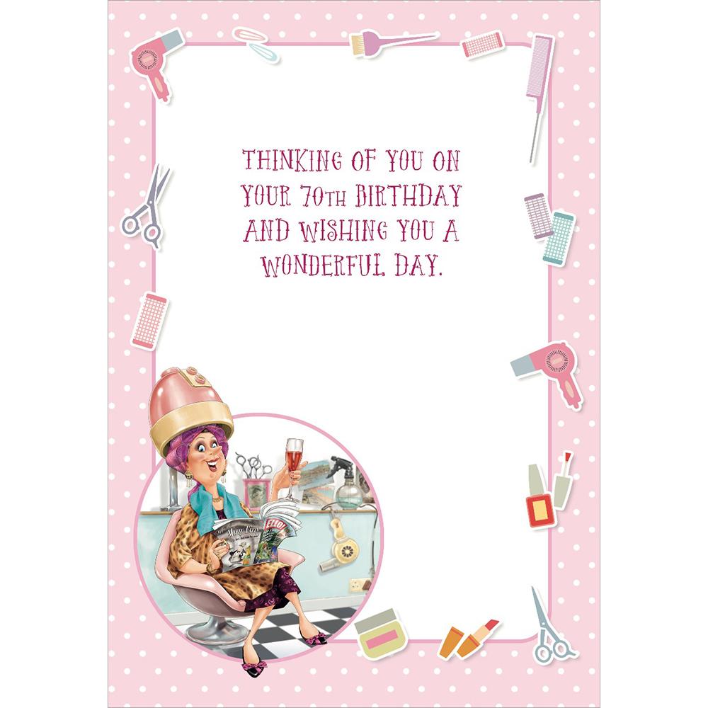 inside full colour cartoon illustration of age 70 card for a sister