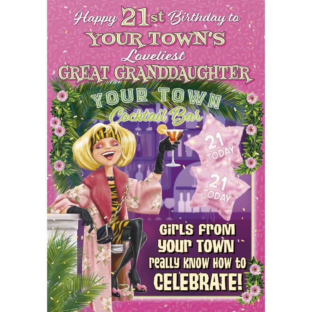 funny age 21 card for a great granddaughter with a colourful cartoon illustration