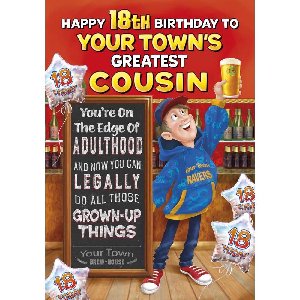 funny age 18 card for a cousin male with a colourful cartoon illustration