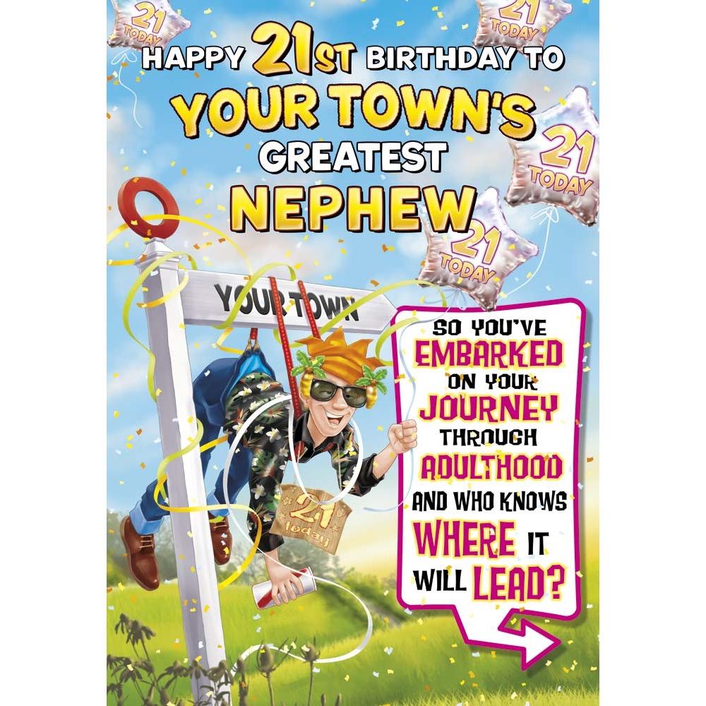 funny age 21 card for a nephew with a colourful cartoon illustration