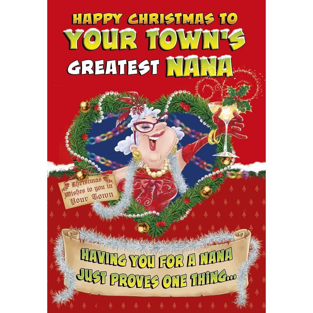 funny christmas card for a nana with a colourful cartoon illustration
