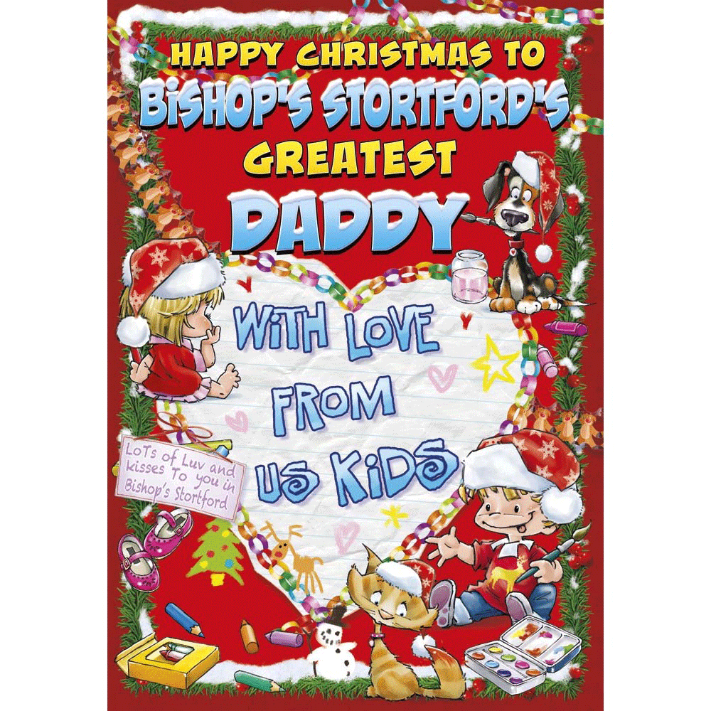 front of card showing a selection of different personalisations of this cartoon christmas card for a daddy