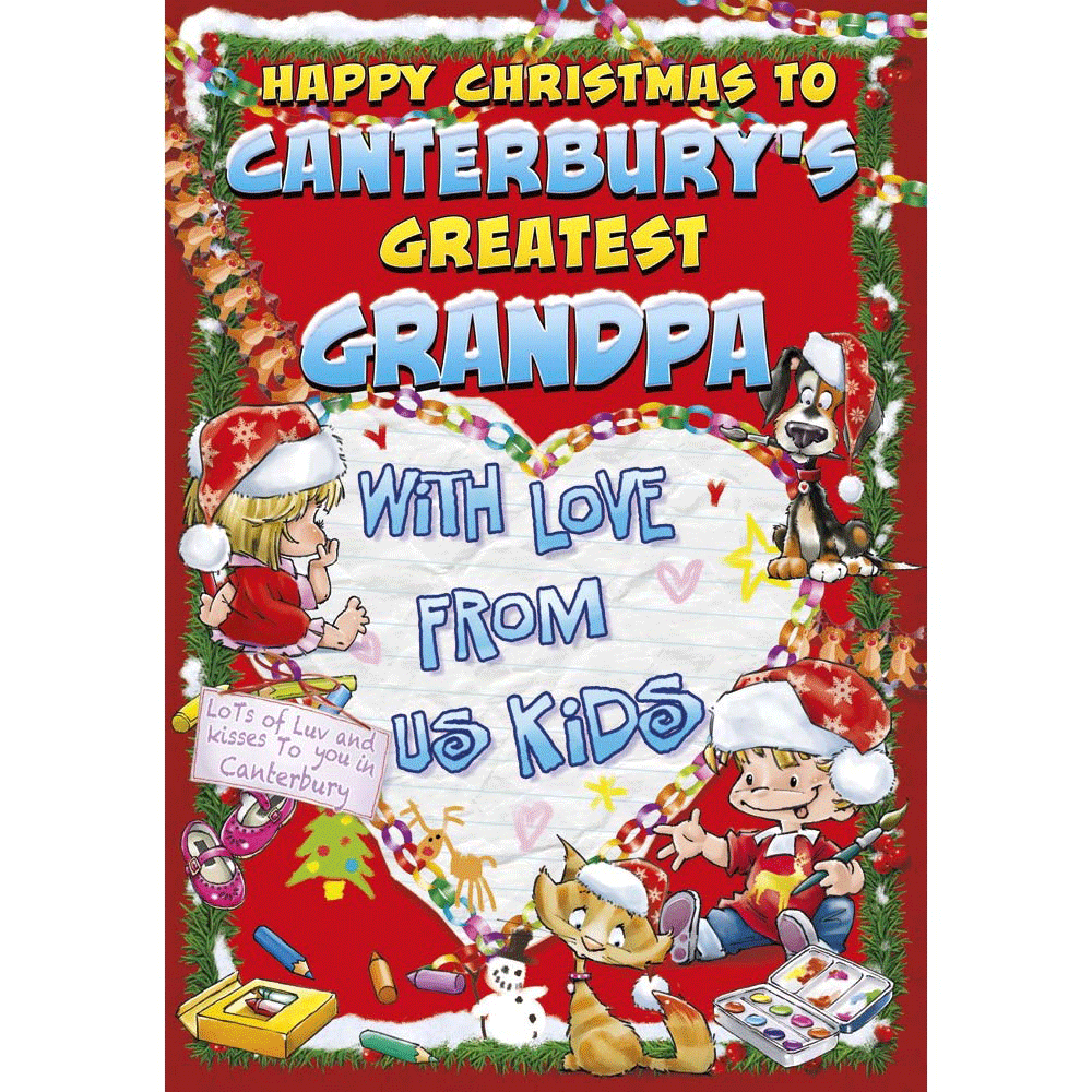 front of card showing a selection of different personalisations of this cartoon christmas card for a grandpa