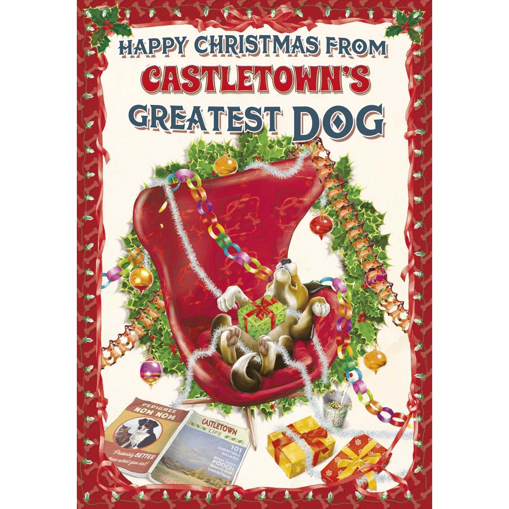 front of card showing a selection of different personalisations of this cartoon christmas card for a dog