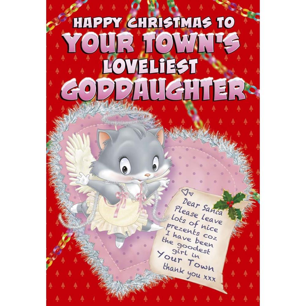 funny christmas card for a goddaughter with a colourful cartoon illustration