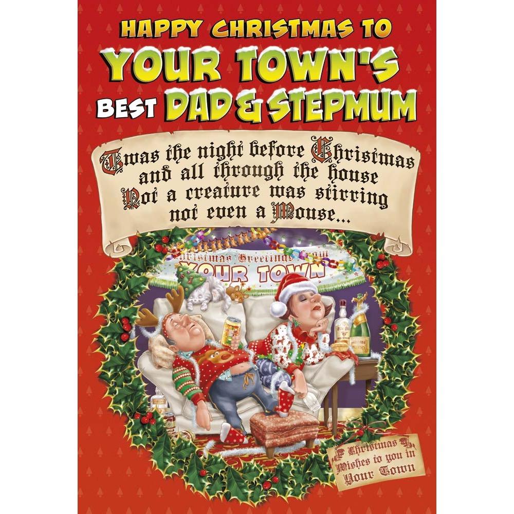 funny christmas card for a dad and stepmum with a colourful cartoon illustration