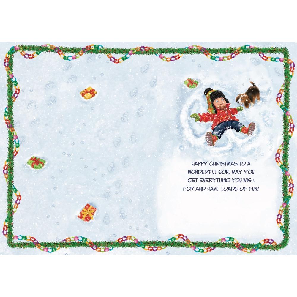 inside full colour cartoon illustration of christmas card for a son