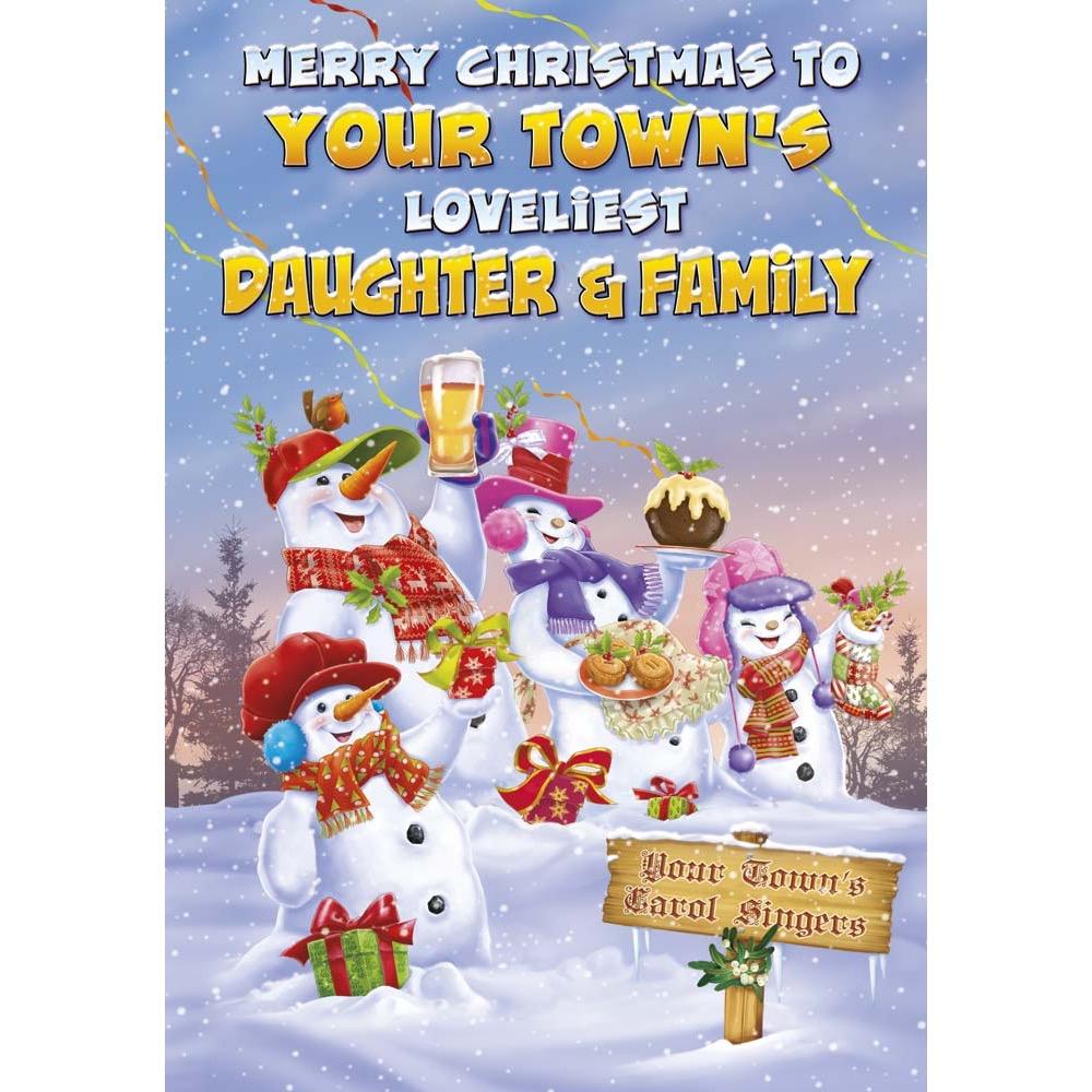 funny christmas card for a daughter and family with a colourful cartoon illustration