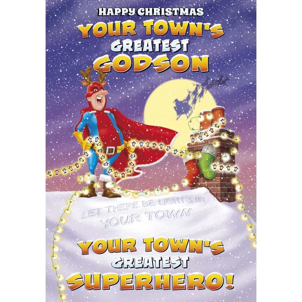 funny christmas card for a godson with a colourful cartoon illustration