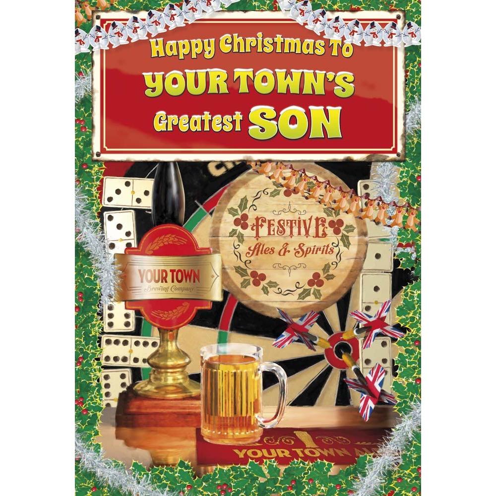 funny christmas card for a son with a colourful cartoon illustration