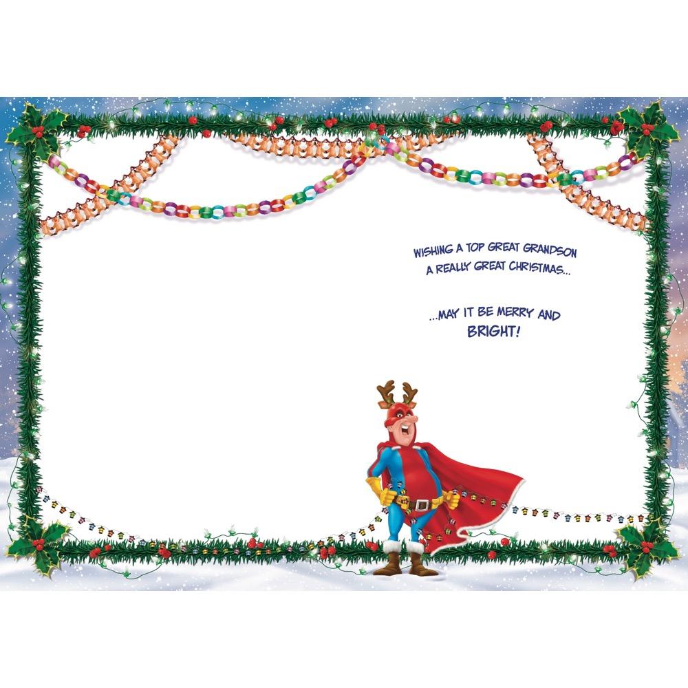 inside full colour cartoon illustration of christmas card for a great grandson