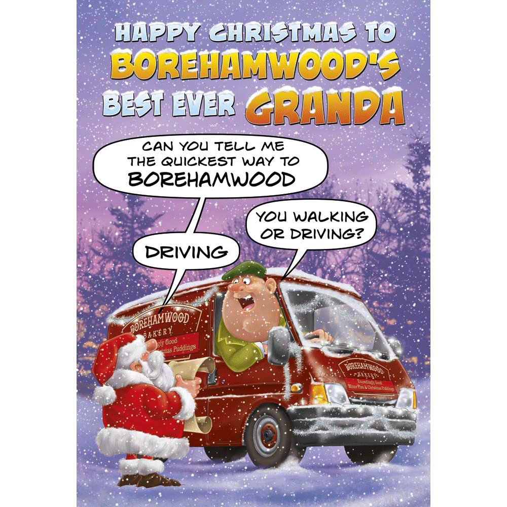 front of card showing a selection of different personalisations of this cartoon christmas card for a granda