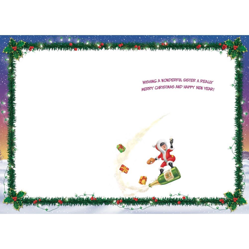 inside full colour cartoon illustration of christmas card for a sister