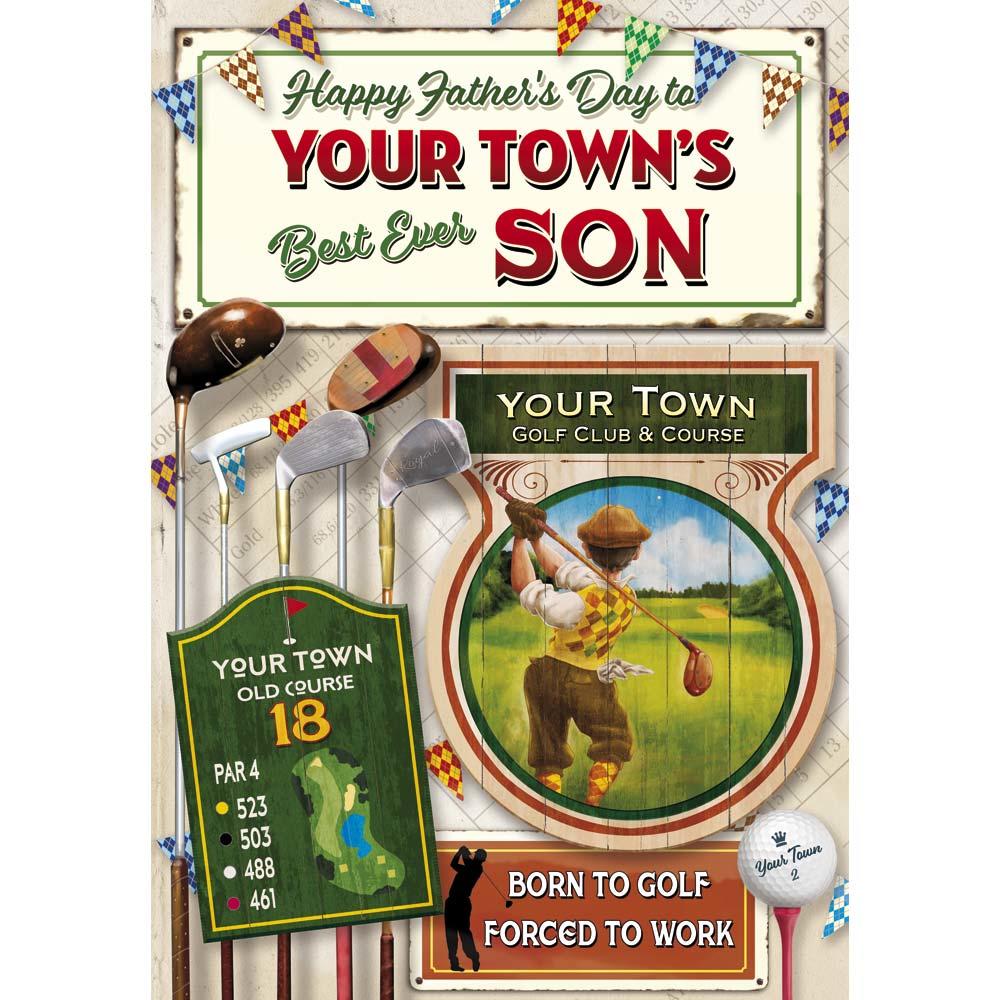 funny father's day card for a son with a colourful cartoon illustration