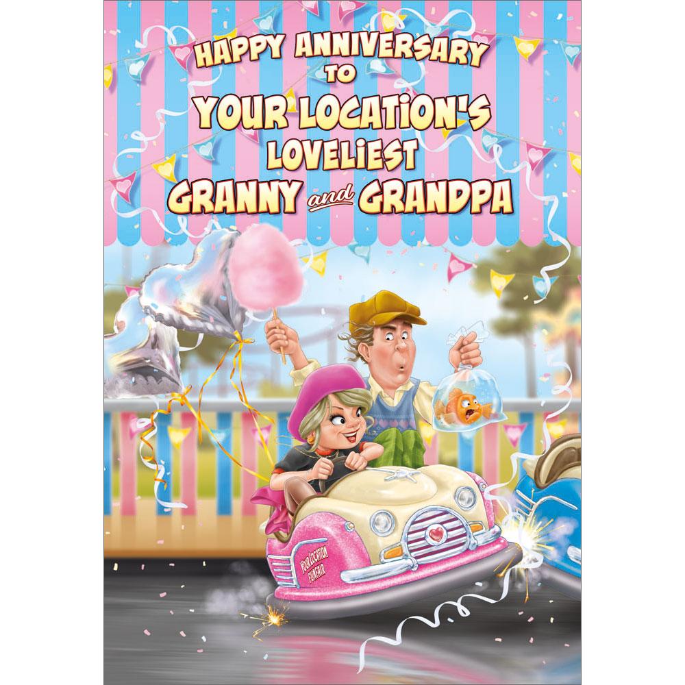 anniversary greeting card featuring humour illustration for a granny and grandpa from the up your street range