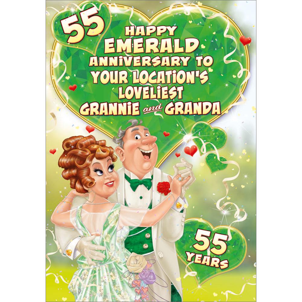 55th (emerald) anniversary greeting card featuring humour illustration for a grannie and granda from the up your street range