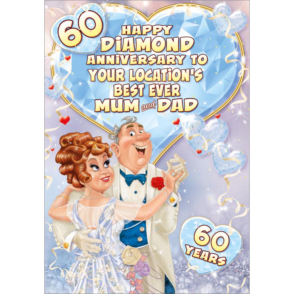 60th (diamond) anniversary greeting card featuring humour illustration for a mum and dad from the up your street range