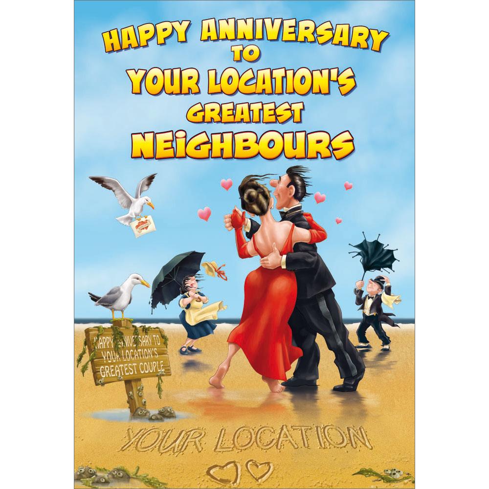 anniversary greeting card featuring humour illustration for a neighbours from the up your street range