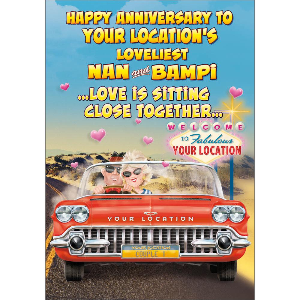 anniversary greeting card featuring humour illustration for a nan and bampi from the up your street range