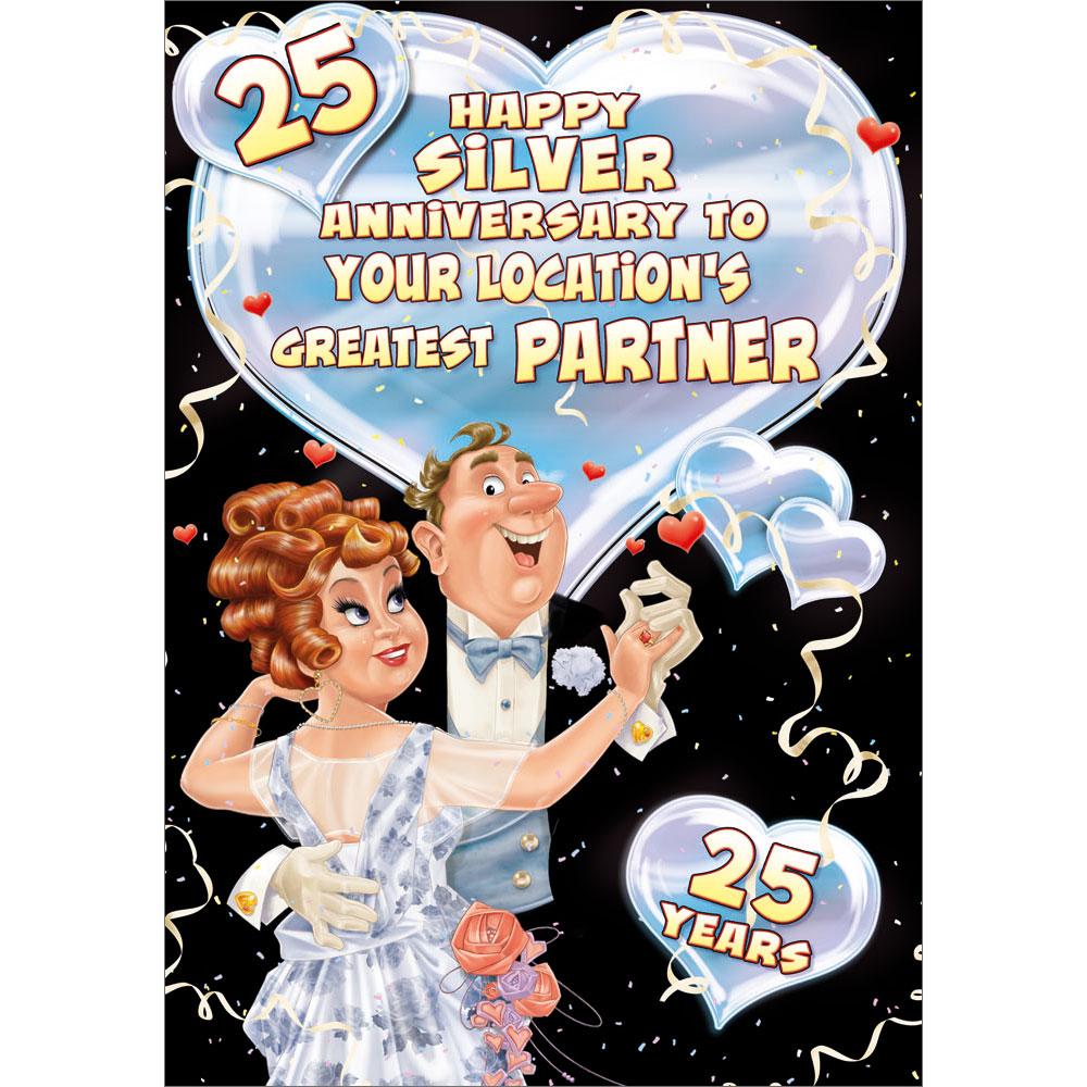 25th (silver) anniversary greeting card featuring humour illustration for a partner from the up your street range