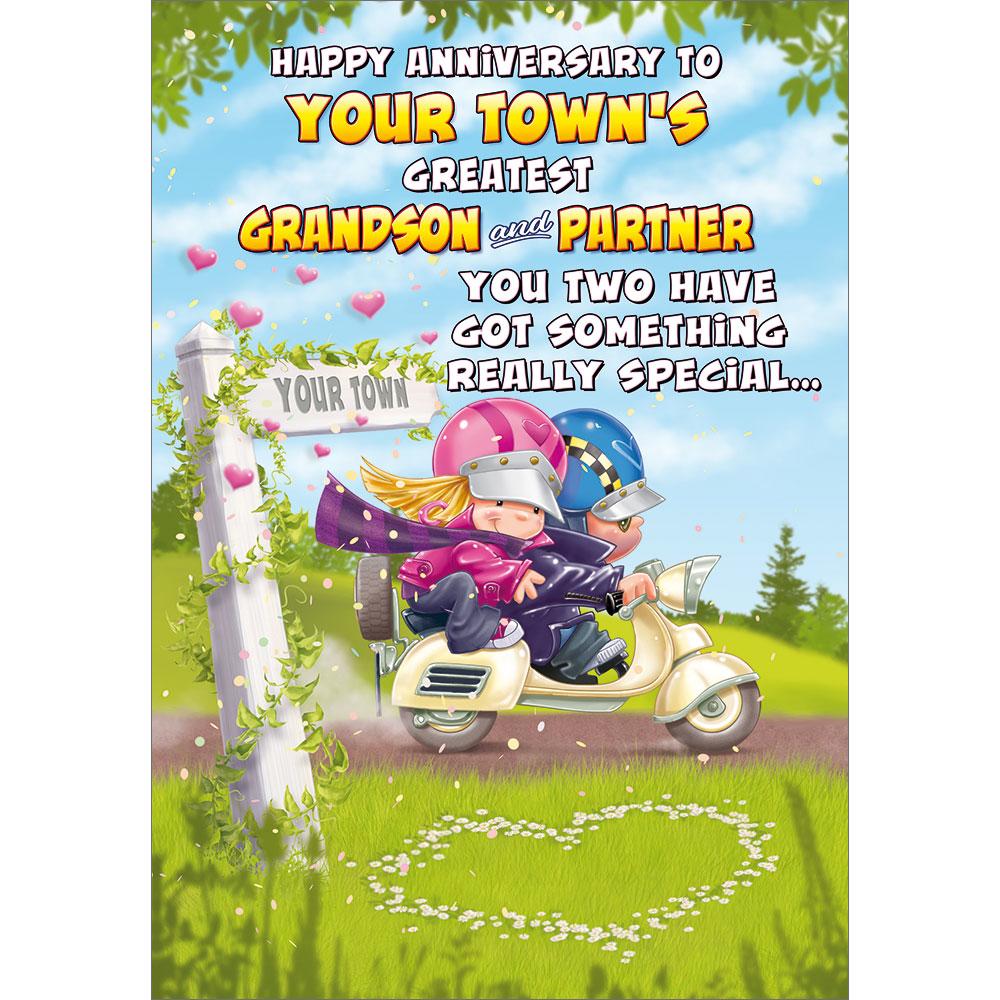 anniversary greeting card featuring humour illustration for a grandson and partner from the up your street range