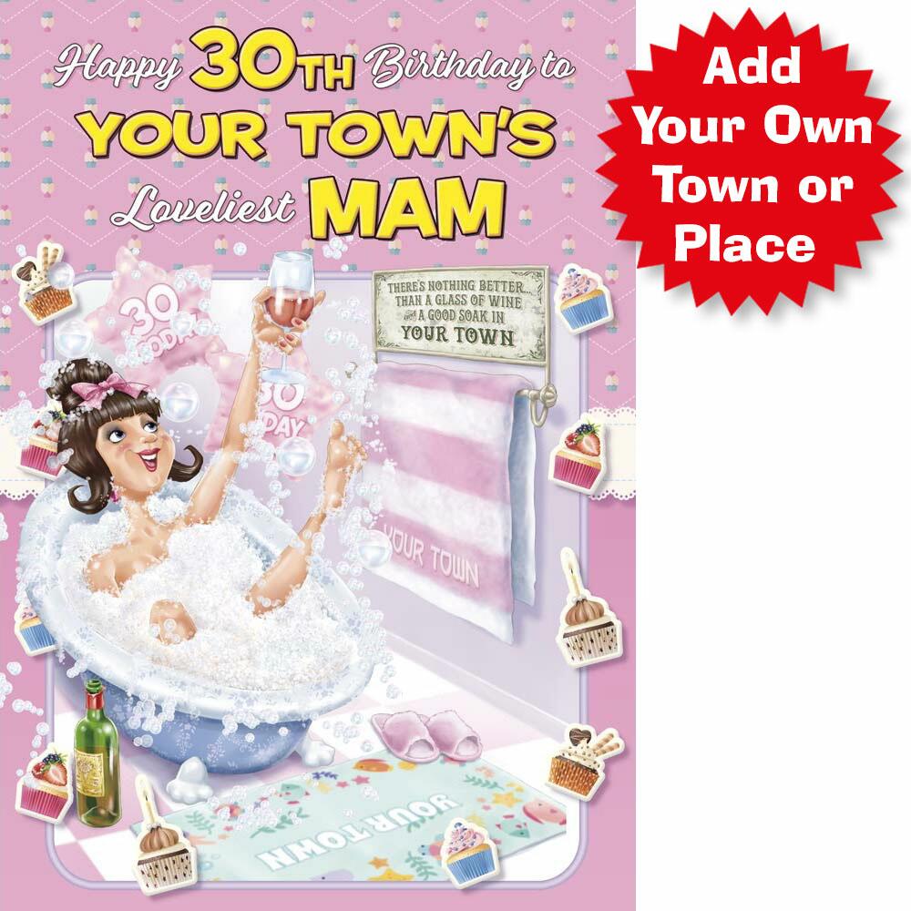 funny age 30 card for a mam with a colourful cartoon illustration