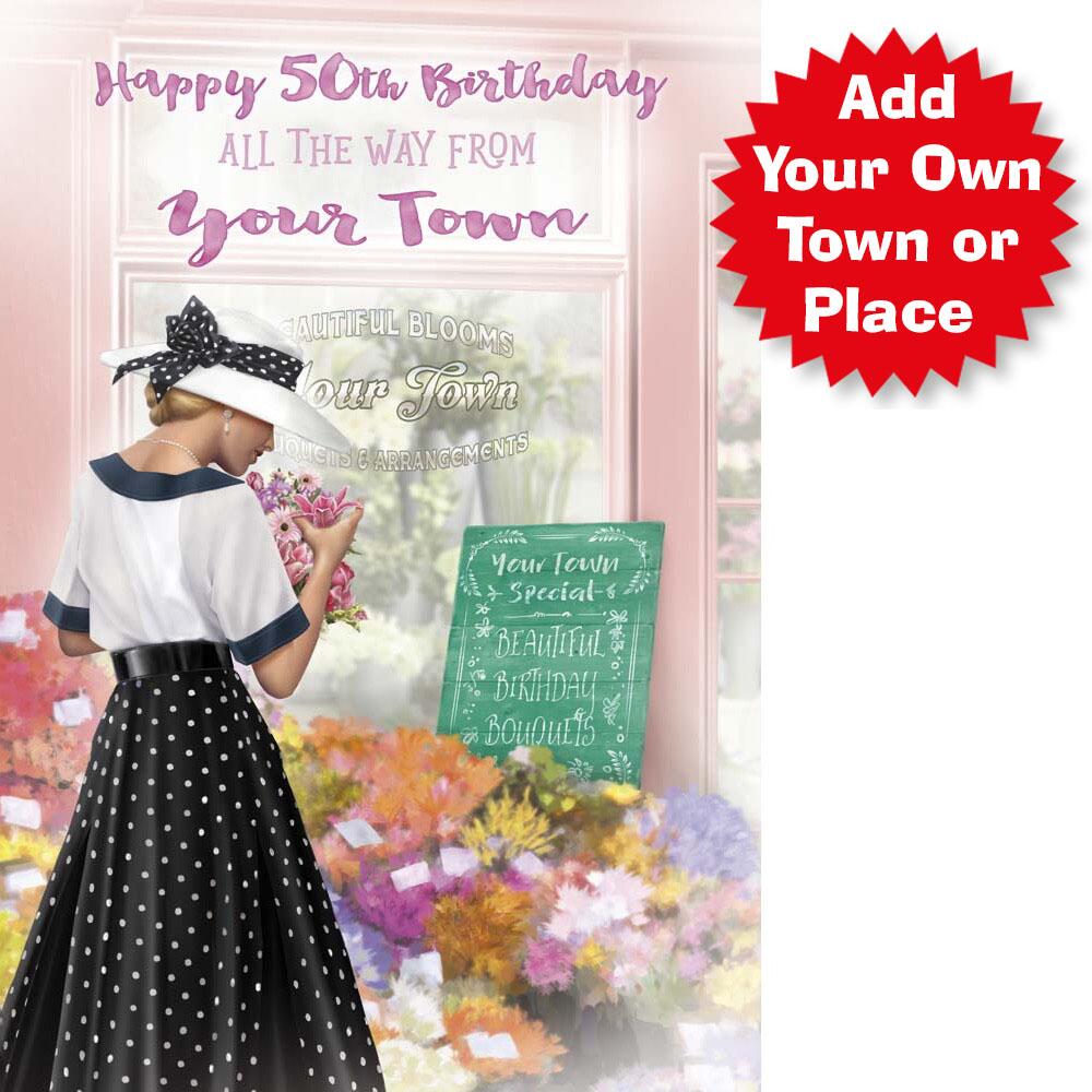classic age 50 card for a female with a colourful realistic illustration