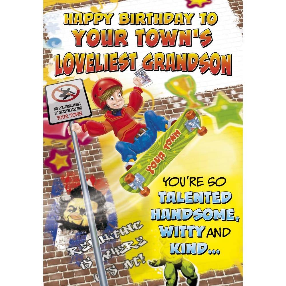 funny birthday card for a grandson with a colourful cartoon illustration