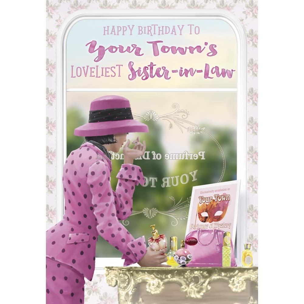 classic birthday card for a sister in law with a colourful realistic illustration