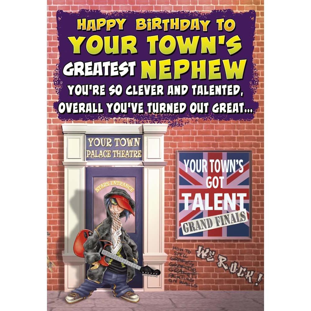 funny birthday card for a nephew with a colourful cartoon illustration