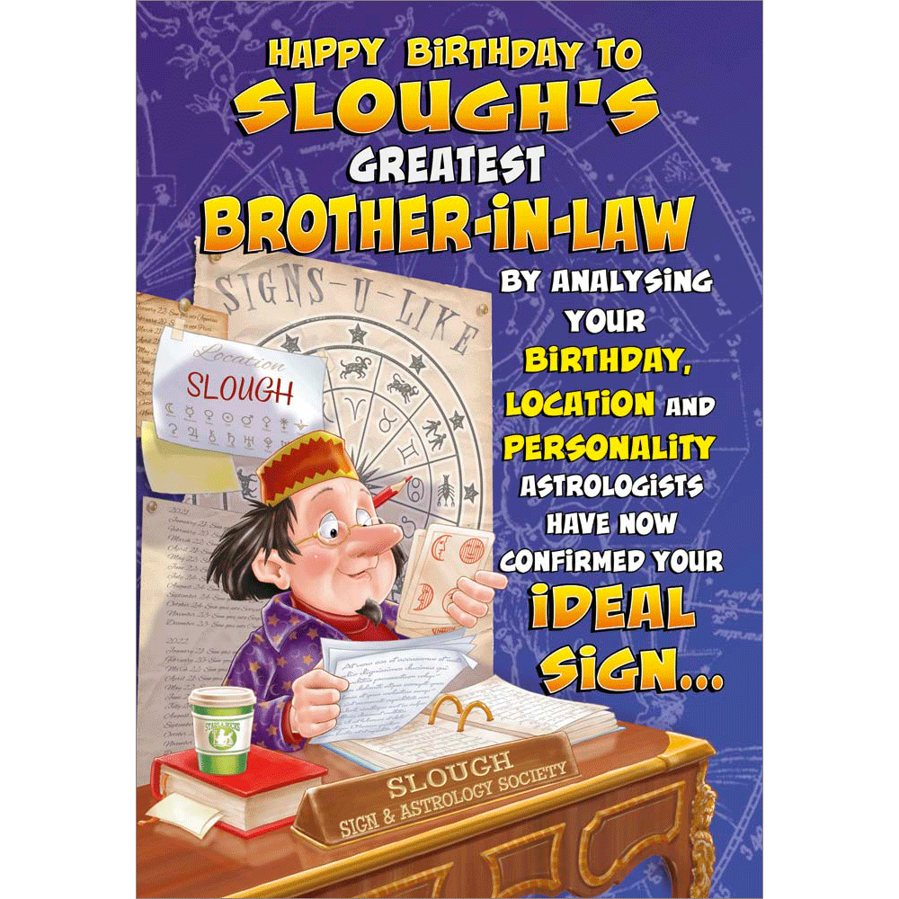 front of card showing a selection of different personalisations of this cartoon birthday card for a brother in law