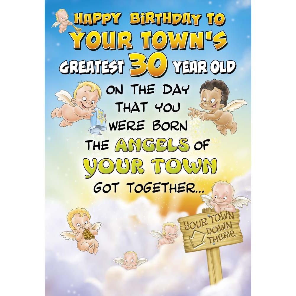 funny age 30 card for a male with a colourful cartoon illustration