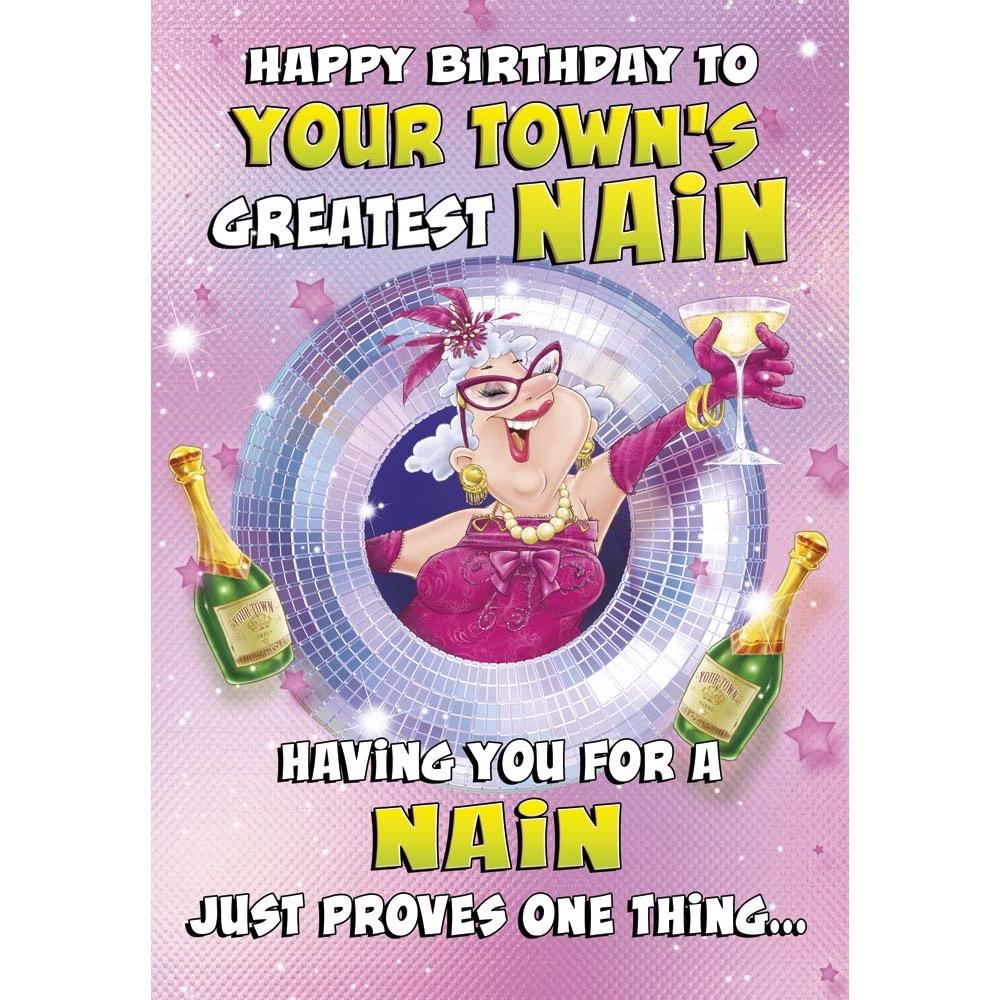 funny birthday card for a nain with a colourful cartoon illustration