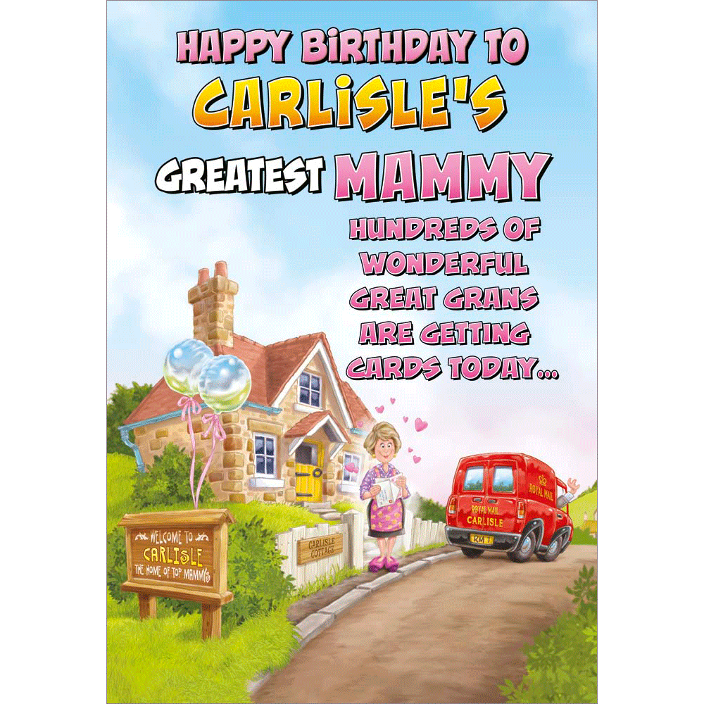 front of card showing a selection of different personalisations of this cartoon birthday card for a mammy
