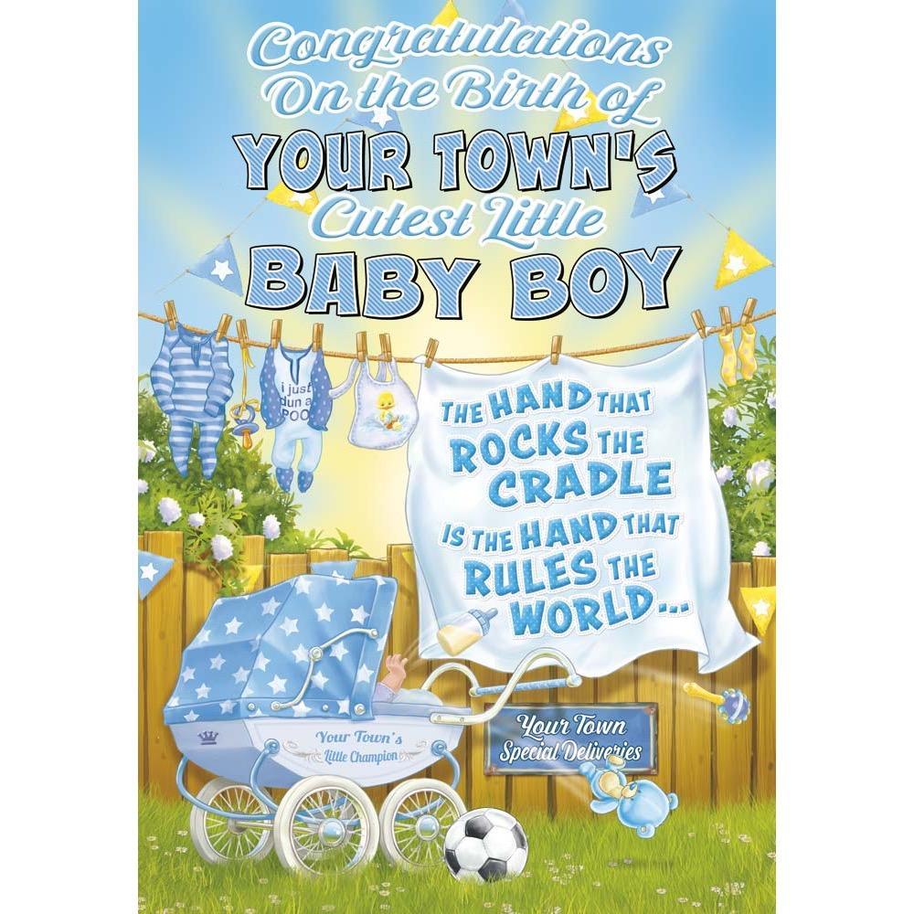 funny new baby congratulations card for a boy with a colourful cartoon illustration