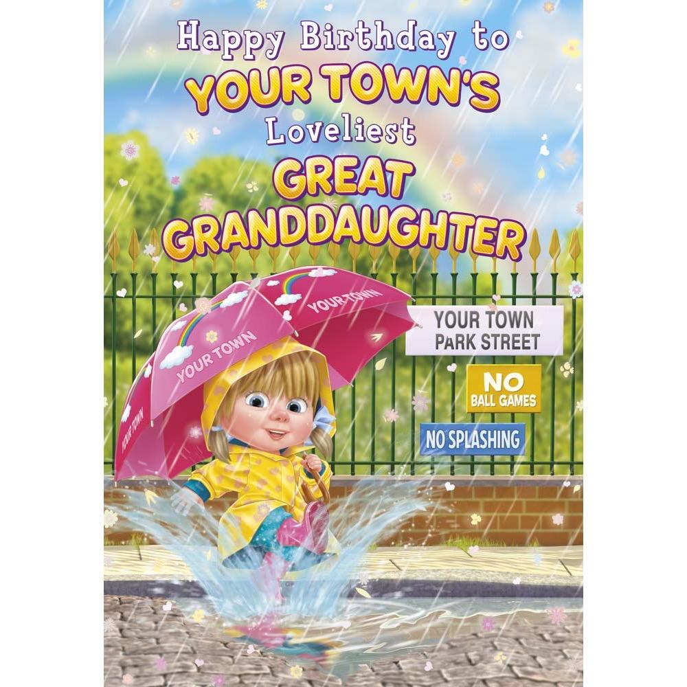 kids birthday card for a great granddaughter with a colourful great illustration