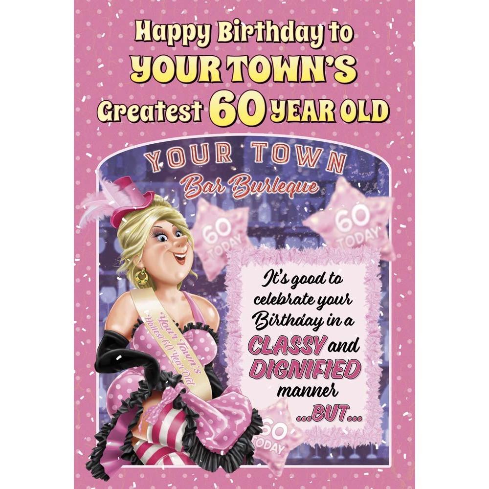 funny age 60 card for a female with a colourful cartoon illustration