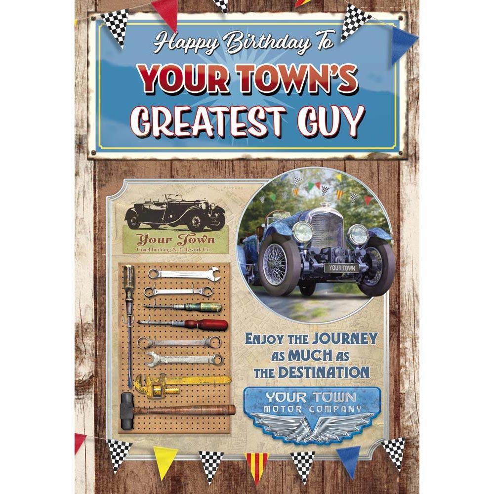 whimsical birthday card for a male with a colourful whimsical illustration