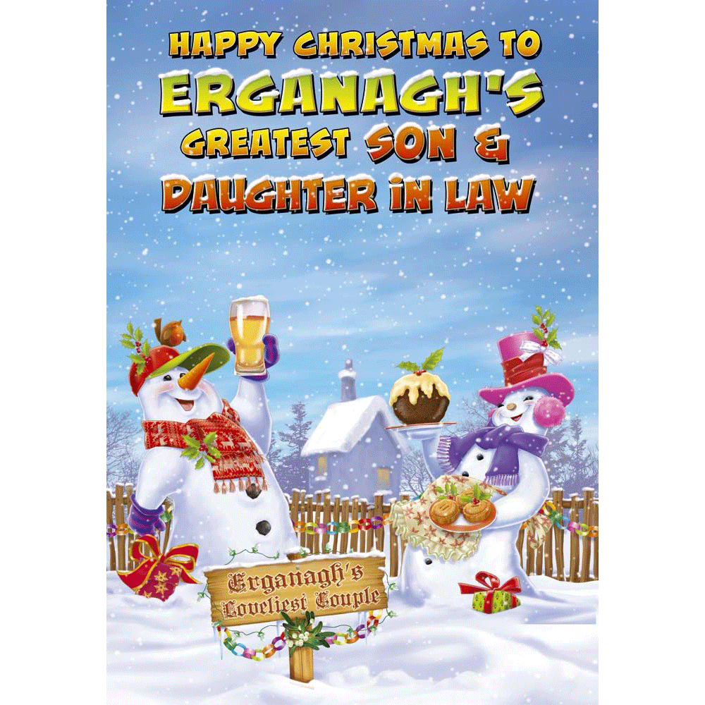 front of card showing a selection of different personalisations of this cartoon christmas card for a son and dil