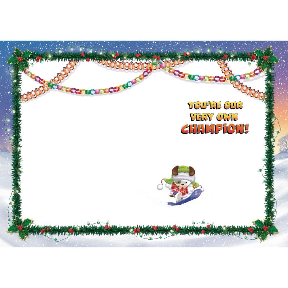 inside full colour cartoon illustration of christmas card for a boy