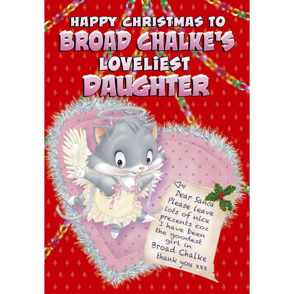 front of card showing a selection of different personalisations of this cartoon christmas card for a daughter