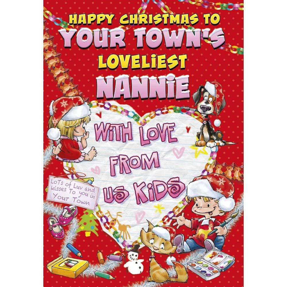 funny christmas card for a nannie with a colourful cartoon illustration