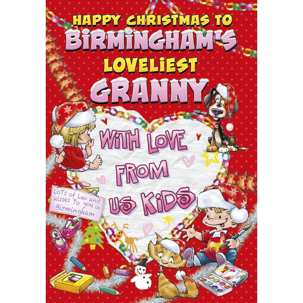 front of card showing a selection of different personalisations of this cartoon christmas card for a granny
